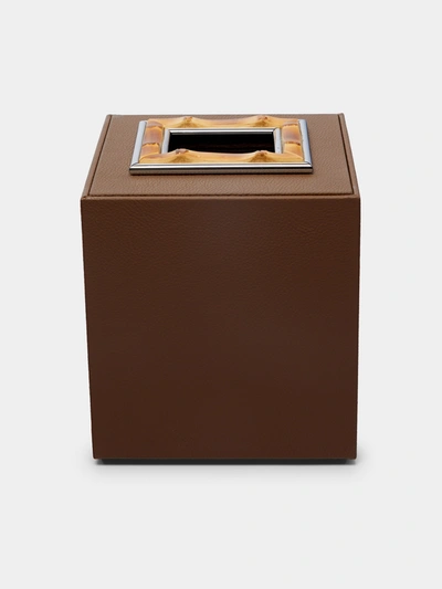 Lorenzi Milano Bamboo And Leather Tissue Box In Brown