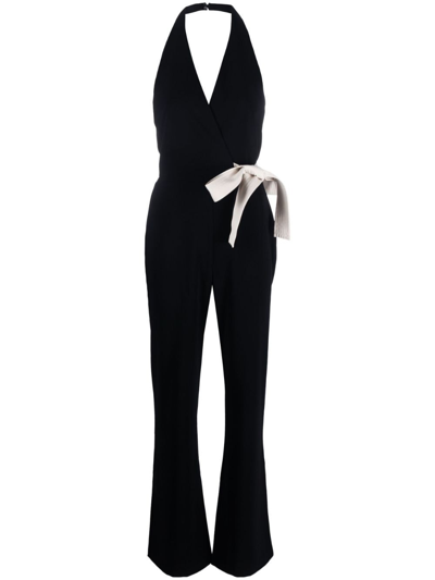 Pinko Ramificazione Contrast-bow Sleeveless Flared Jumpsuit In Black