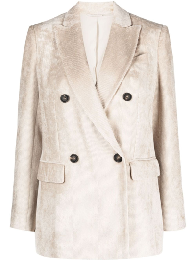 Brunello Cucinelli Beige Double-breasted Jacket With Flap Pockets In Velvet Woman In Neutrals