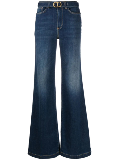 Twinset Gold-tone Logo Plaque High-waisted Wide-leg Jeans In Blue