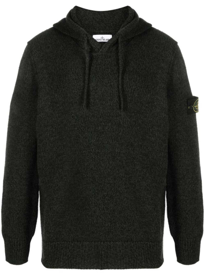 Stone Island Compass-patch Ribbed-knit Mélange Hoodie In Black