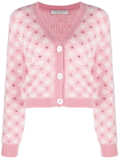 Alessandra Rich Rhinestone-embellished Gingham Cardigan In Neutrals