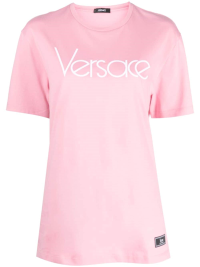 Versace Logo-embroidered Cotton T-shirt In Pink