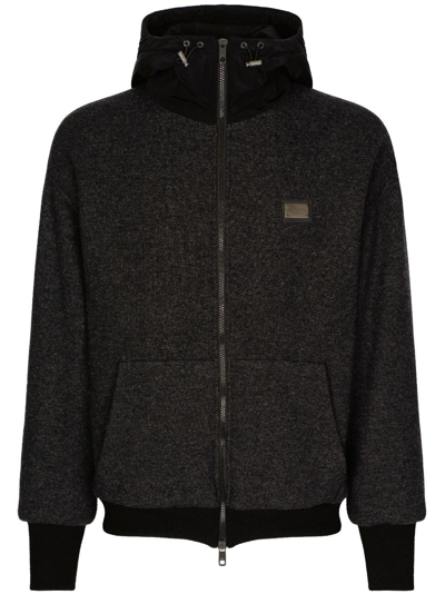Dolce & Gabbana Jersey Wool Jacket With Hood And Logo In Black