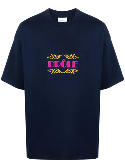 Drôle De Monsieur Logo-embroidered Cotton T-shirt In Blue