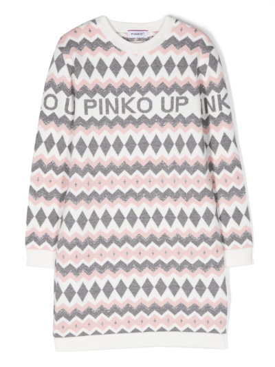 Pinko Kids' Logo-intarsia Patterned Knitted Dress In White