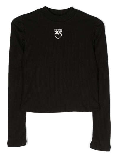 Pinko Kids' Logo-embroidered Ribbed-knit Jumper In Black
