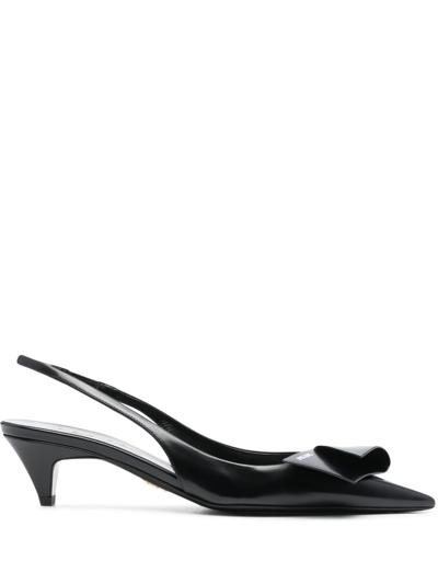 Prada Leather Folded Strap Slingback Pumps In Black
