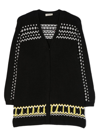 Twinset Kids' Fringed Intarsia-knit Cardigan In Black