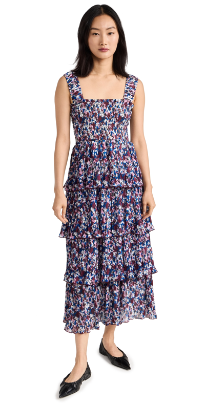 Ganni Floral Pleated Sleeveless Tiered Midi Dress In Multicolour