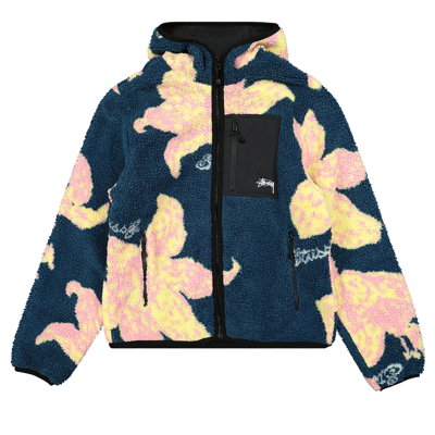 Pre-owned Stussy Floral Sherpa Hood Jacket 'dark Teal' In Blue