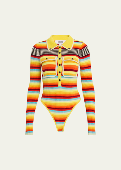 Christopher John Rogers Striped Rib Polo Bodysuit In Multi