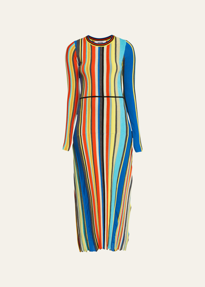 Christopher John Rogers Stripe Chenille Ribbed Long-sleeve Dress In Blue