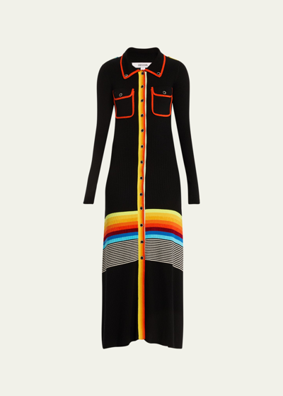 Christopher John Rogers Ribbed Stripe Polo Dress With Patch Pockets In Black