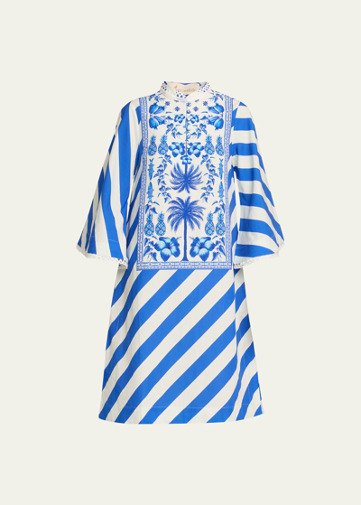Verandah Striped Azulejos Kaftan Dress In Blue And White