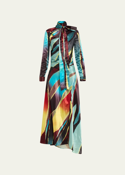 Christopher John Rogers Wheatpaste Scarf-neck Asymmetric Dress In Azure Multi