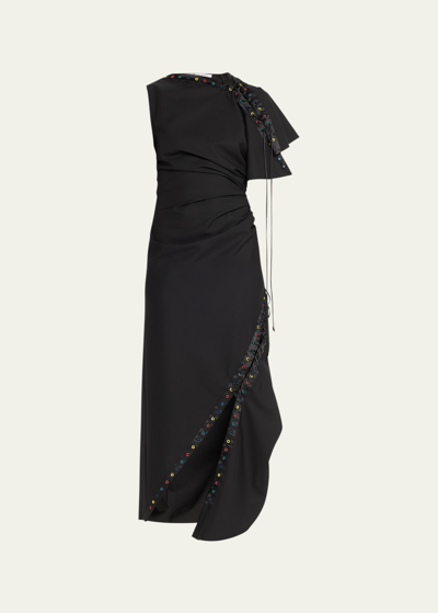 Christopher John Rogers Tucked Asymmetric Lace-up Grommet Dress In Black
