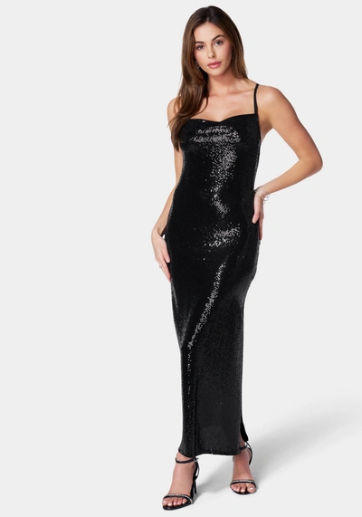 Bebe Cowl Neck Shimmer Maxi Dress In Black