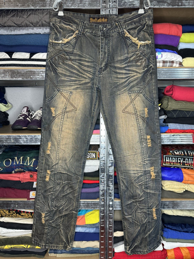 Pre-owned Avant Garde X Vintage Yulindidai Japanese Distressed Rap Jeans Vintage Y2k Denim In Blue Yellow