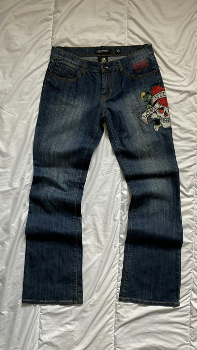 Pre-owned Christian Audigier X Ed Hardy Vintage Ed Hardy By Christian Audigier Y2k Skull Jeans In Denim