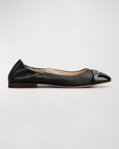 Tod's Mixed Leather T Medallion Ballerina Flats In Black