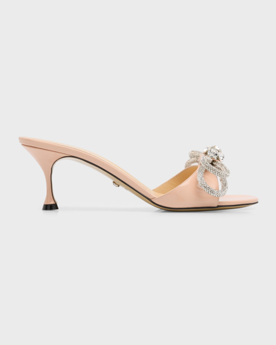 Mach & Mach Crystal Patent Double Bow Mule Sandals In Nude