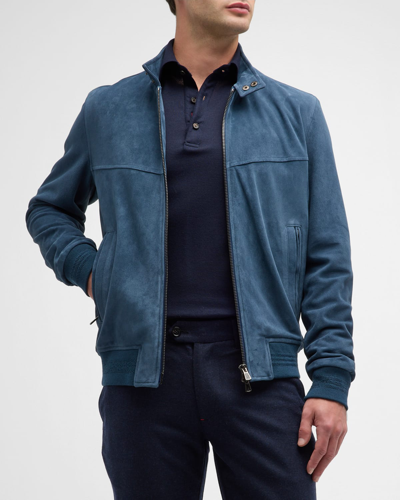 Isaia Men's Suede Blouson Jacket In Medium Blue