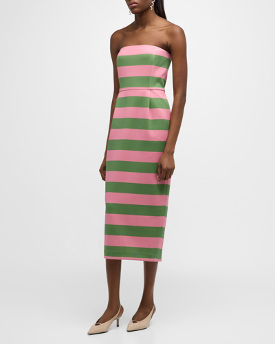 Bernadette Elena Strapless Striped Midi Column Dress In Winter Pink & Pine Green