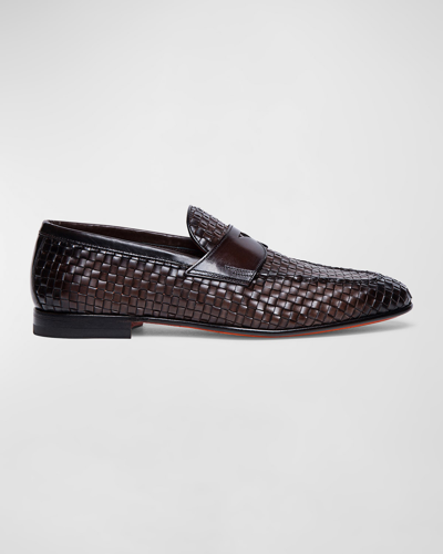 Santoni Men's Gwendal Woven Leather Penny Loafers In Dark Brown-t65