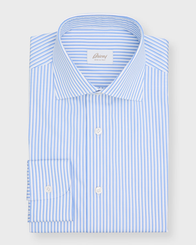 Brioni Men's Cotton Multi-stripe Dress Shirt In White Gree