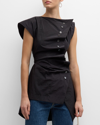 CHRISTOPHER JOHN ROGERS PLEATED BUTTON-FRONT BLOUSE WITH LACE-UP BACK