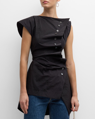Christopher John Rogers Pleated Button-front Blouse With Lace-up Back In Black