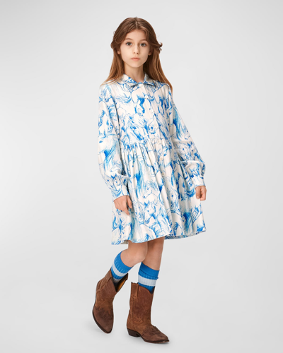 Molo Kids' Girl's Christy Horse-print Shirtdress In Blue Horses