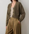 WHITE + WARREN CORE SPUN COTTON PATCH POCKET CROPPED CARDIGAN IN DEEP OLIVE