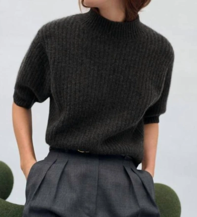 White + Warren Cashmere Ribbed Elbow Sleeve Mockneck Sweater In Charcoal Heather In Grey