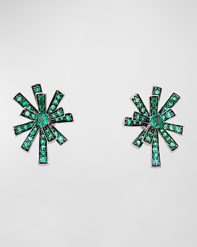 Hueb 18k Tribal White Gold And Black Rhodium Earrings With Green Emeralds In White/black