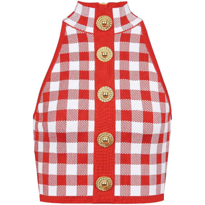 Balmain Gingham-check Pattern Zip-up Top In Red