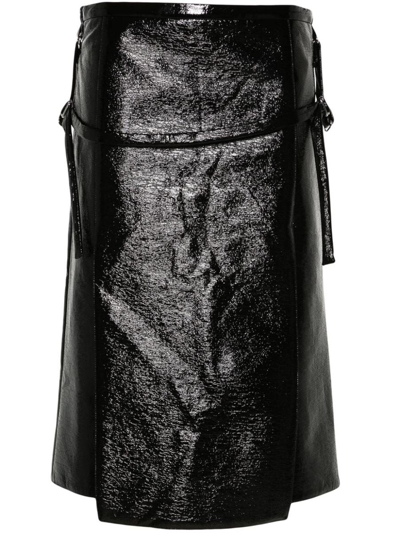 Courrèges Strap-detailed Crinkled-patent Midi Skirt In Black