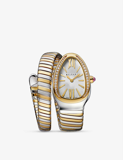 Bvlgari Br858992 Serpenti Tubogas 18ct Yellow-gold, Stainless Steel And Brilliant-cut Diamond Quartz Watch In Steel And Gold