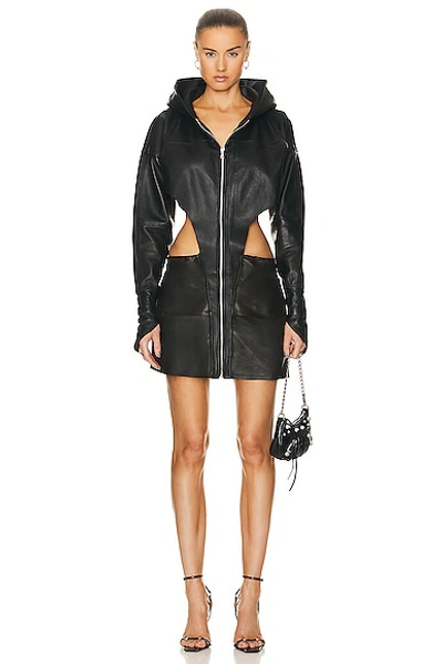 Sami Miro Vintage V Cut Out Hoodie Dress In Black Leather