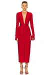 Norma Kamali Long Sleeve Deep V Neck Center Front Slit Gown In Tiger Red
