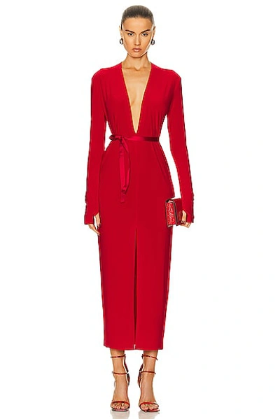 Norma Kamali Long Sleeve Deep V Neck Center Front Slit Gown In Tiger Red