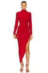 Norma Kamali Long Sleeve Turtleneck Side Drape Gown Tiger Red L In Tiger Red