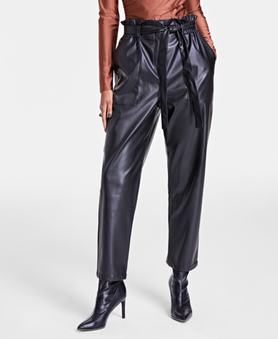 Bar Iii Women's Faux-leather Paperbag Pants, Created For Macy's In Deep Black