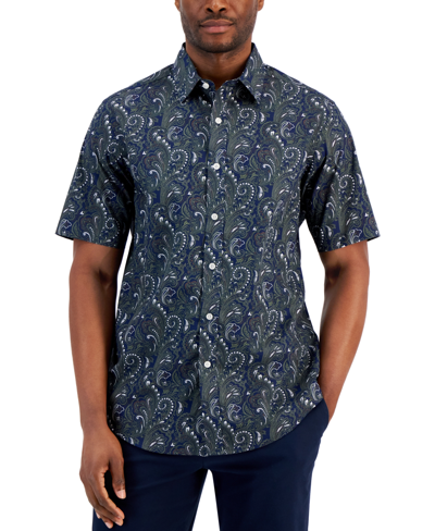 Club Room Men's Refined Paisley Print Woven Button-down Short-sleeve Shirt, Created For Macy's In Navy Blue