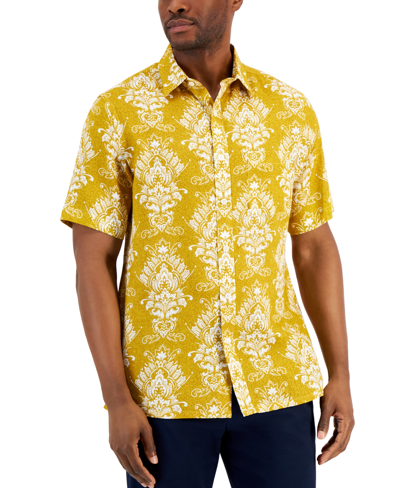 Club Room Men's Barro Medal Print Short-sleeve Button-down Linen Shirt, Created For Macy's In Spectra Yellow