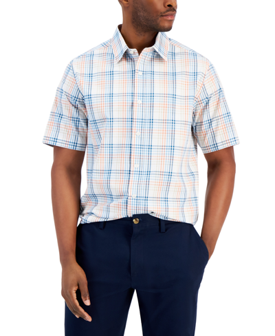Club Room Men's Refined Plaid Dobby Woven Button-up Short-sleeve Shirt, Created For Macy's In Bright White