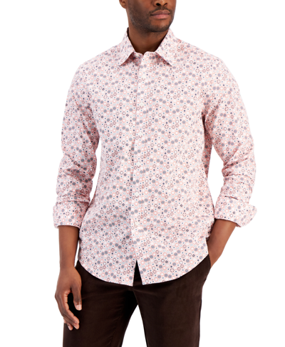 Club Room Men's Refined Tile Print Woven Long-sleeve Button-up Shirt, Created For Macy's In Navy Blue