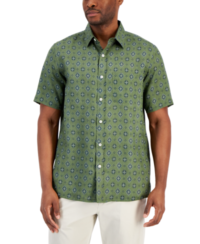 Club Room Men's Luci Medal Print Short-sleeve Button-down Linen Shirt, Created For Macy's In Bronze Green