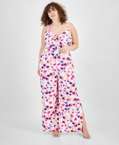 Bar Iii Plus Size Printed Sleeveless Smocked-back Slit-cuff Keyhole Jumpsuit, Created For Macy's In Tatiana Tropical